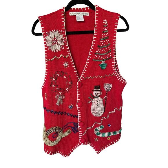 Victoria Jones Women's Beaded + Knit Red Christmas Vest Size Medium - Picture 2 of 12